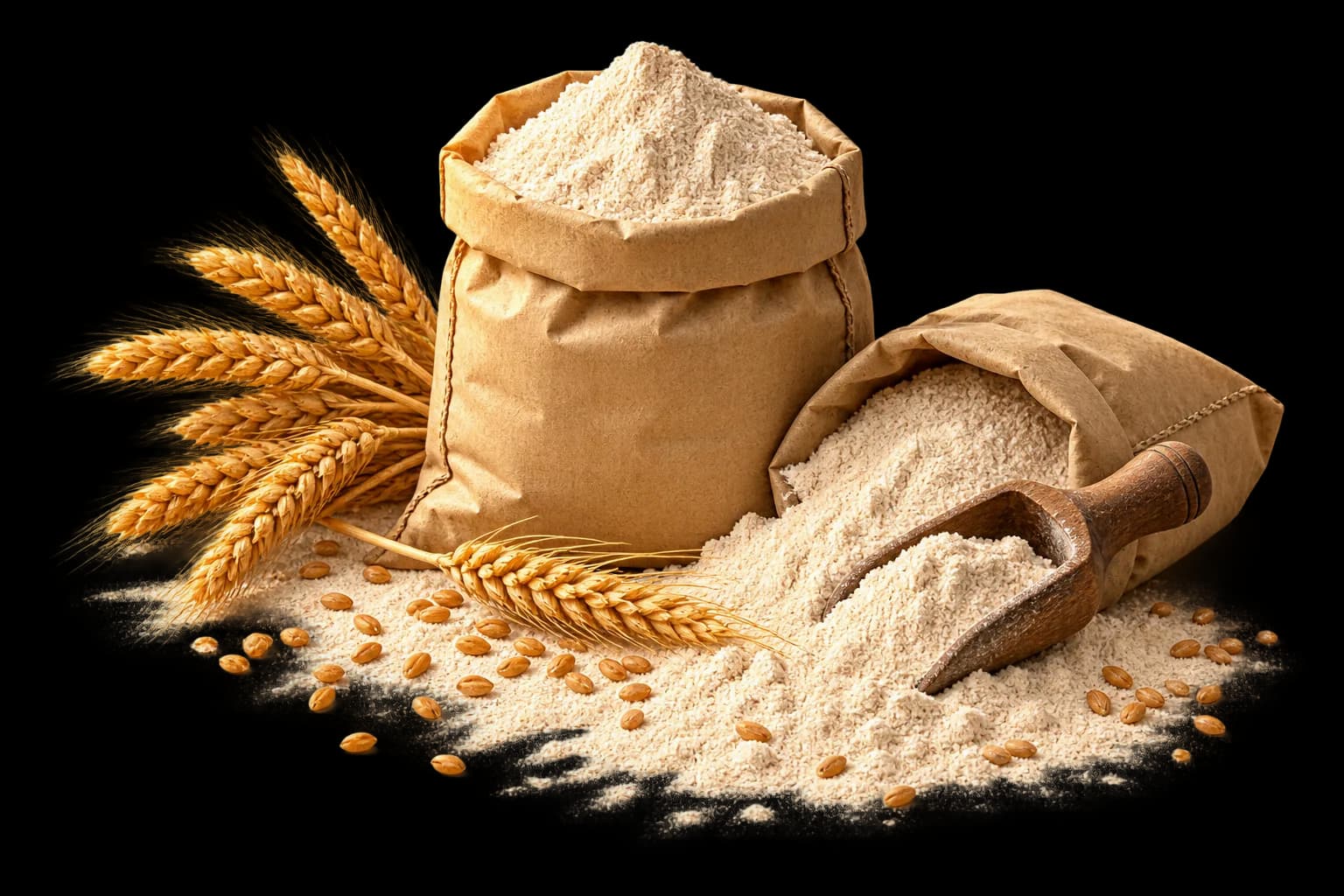 Stone-ground whole wheat atta flour with wheat stalks and a wooden scoop