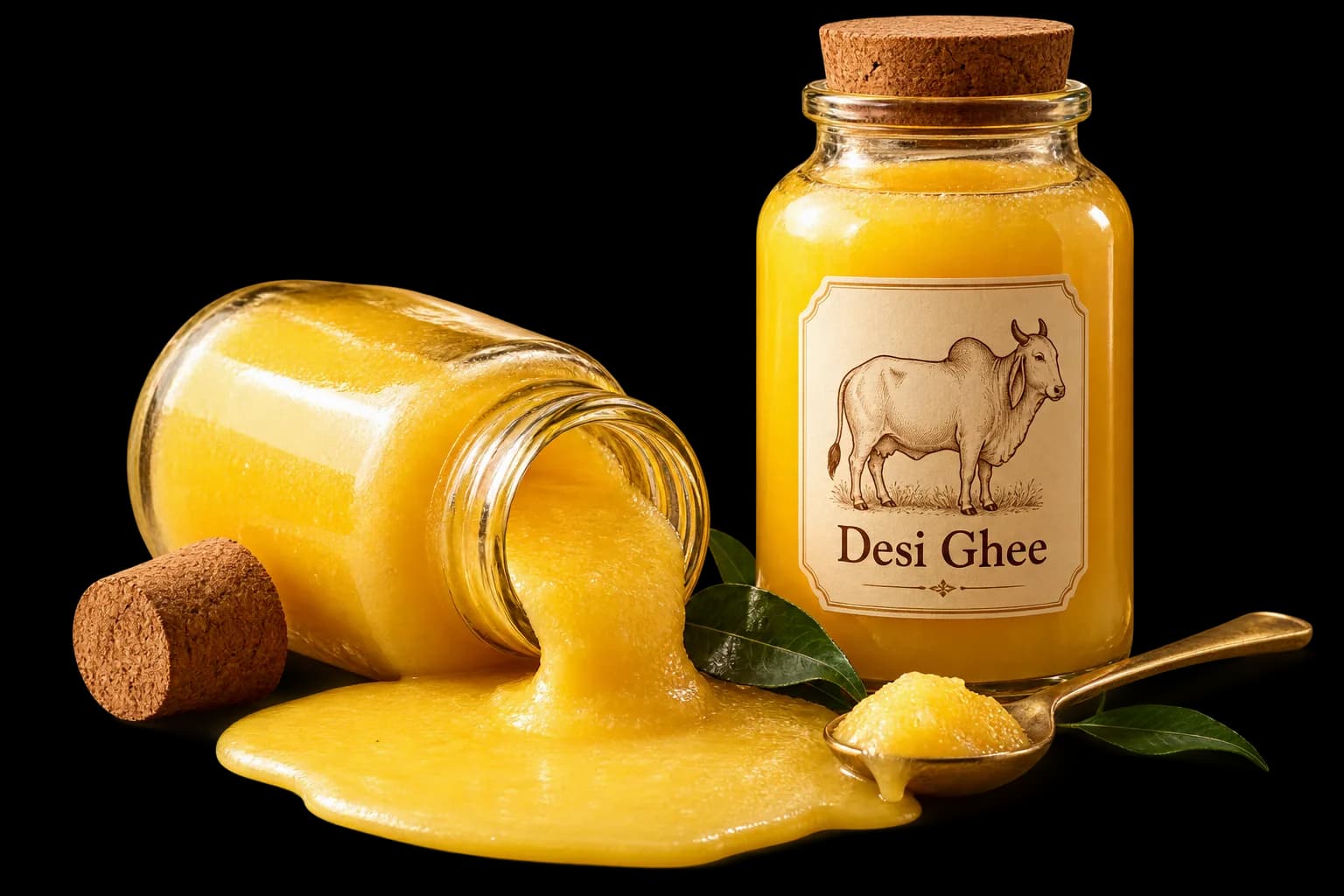 Golden desi cow ghee in a brass bowl