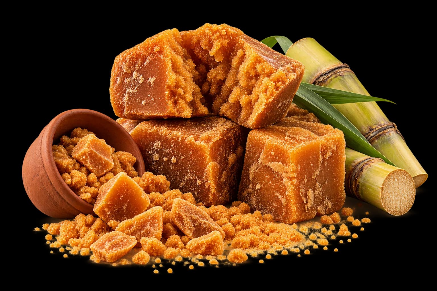 Blocks of pure sugarcane jaggery (gud) with sugarcane and a clay pot